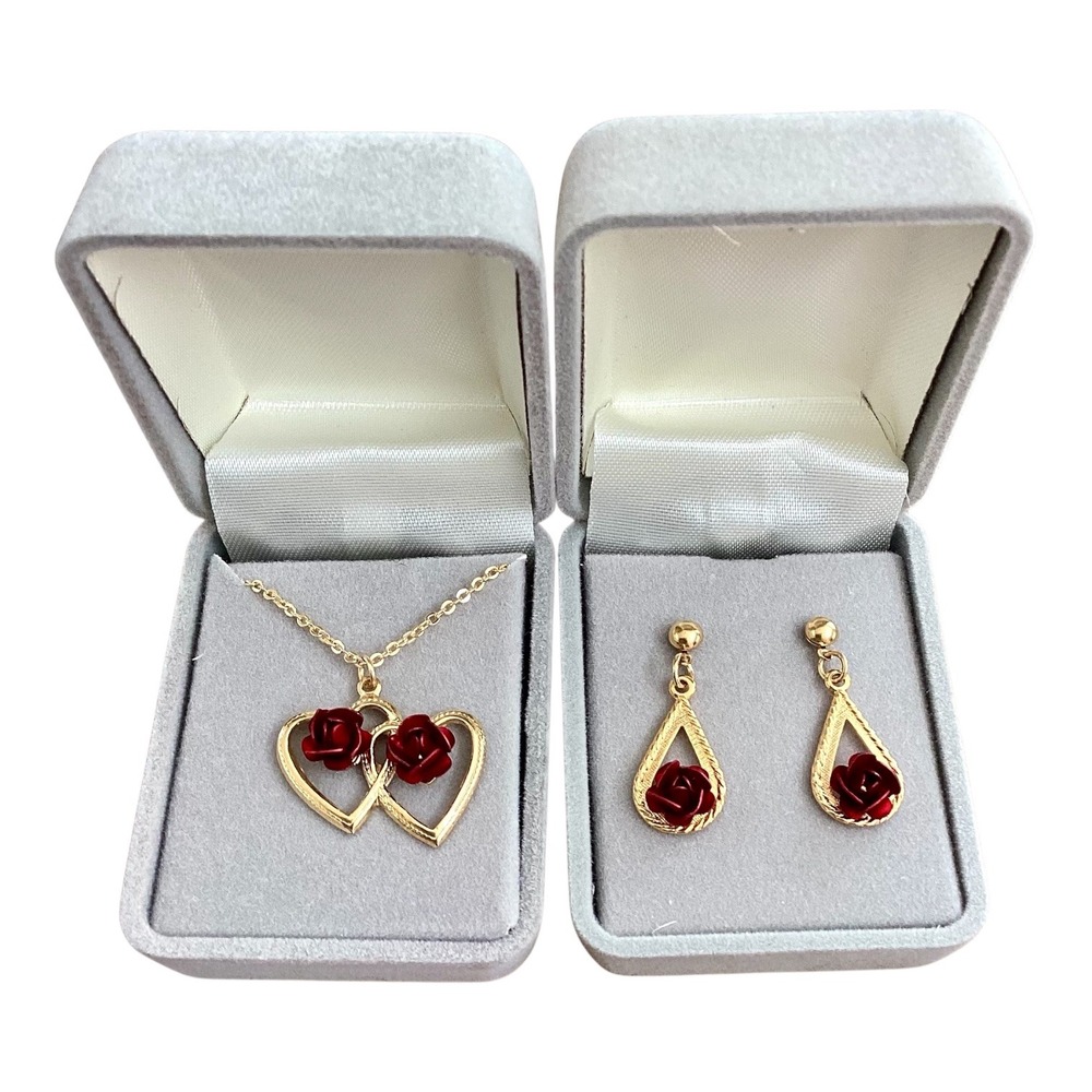 Gold Tone Red Rose Heart Necklace and Teardrop Earring Jewelry Set with Boxes